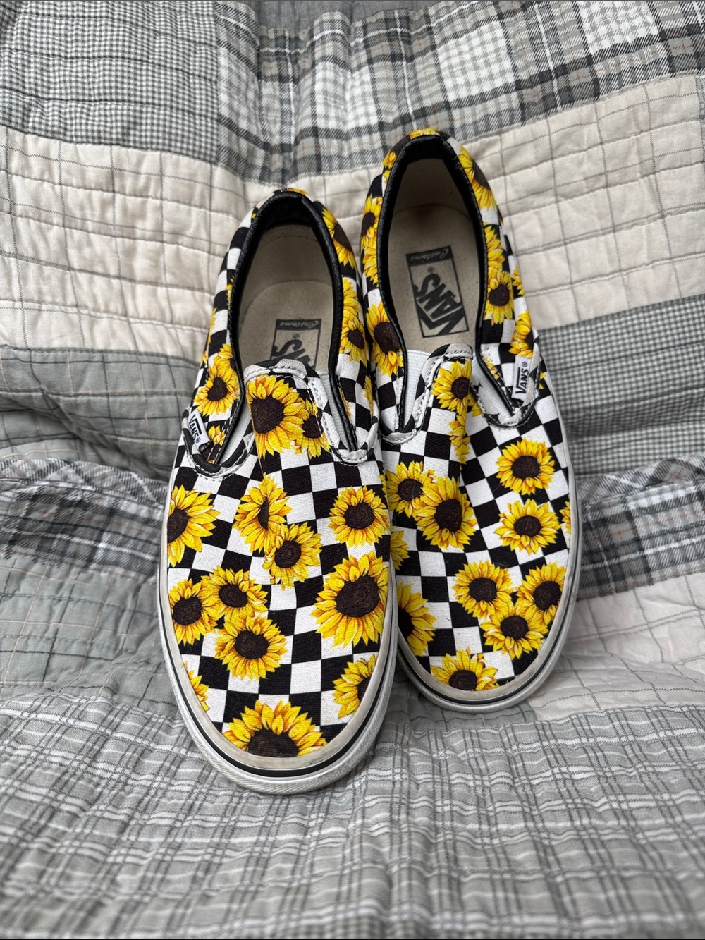 Vans Custom Slip-On Sunflower Checkerboard Sneakers - Yellow/Black/White